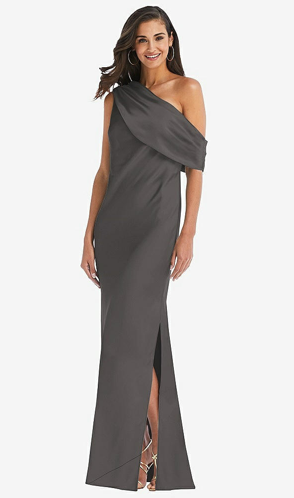 Front View - Caviar Gray Draped One-Shoulder Convertible Maxi Slip Dress