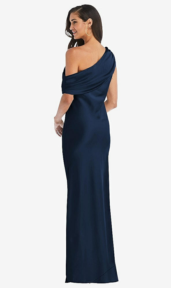 Back View - Midnight Navy Draped One-Shoulder Convertible Maxi Slip Dress