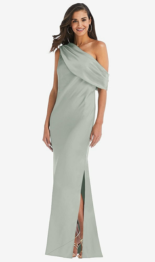 Front View - Willow Green Draped One-Shoulder Convertible Maxi Slip Dress