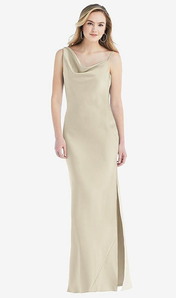 Front View - Champagne Asymmetrical One-Shoulder Cowl Maxi Slip Dress