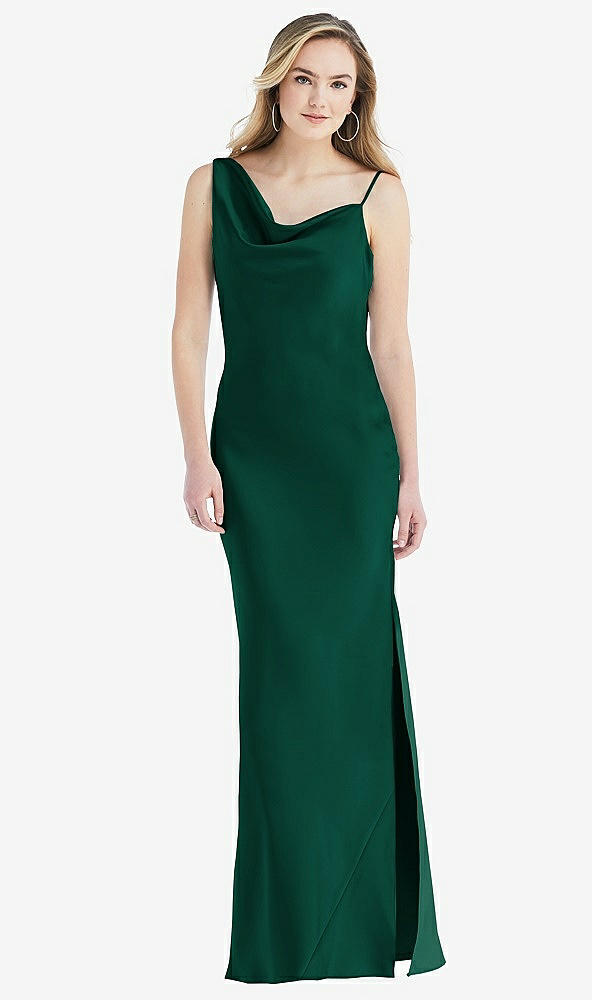 Front View - Hunter Green Asymmetrical One-Shoulder Cowl Maxi Slip Dress