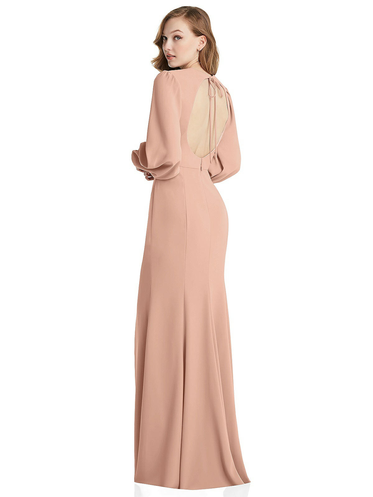 Long Puff Sleeve Maxi Bridesmaid Dress With Cutout Tie-back In Pale Peach |  The Dessy Group