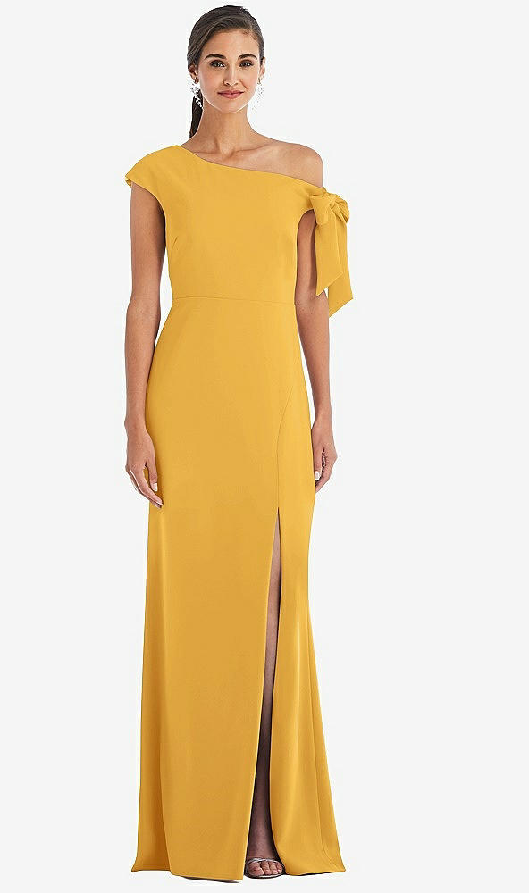 Front View - NYC Yellow Off-the-Shoulder Tie Detail Trumpet Gown with Front Slit