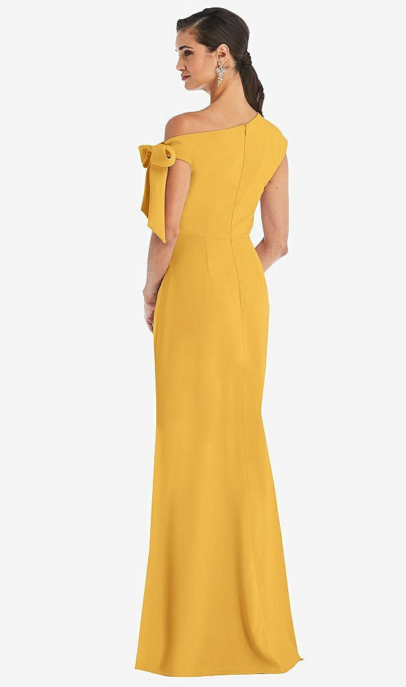 Back View - NYC Yellow Off-the-Shoulder Tie Detail Trumpet Gown with Front Slit