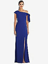 Front View Thumbnail - Cobalt Blue Off-the-Shoulder Tie Detail Trumpet Gown with Front Slit