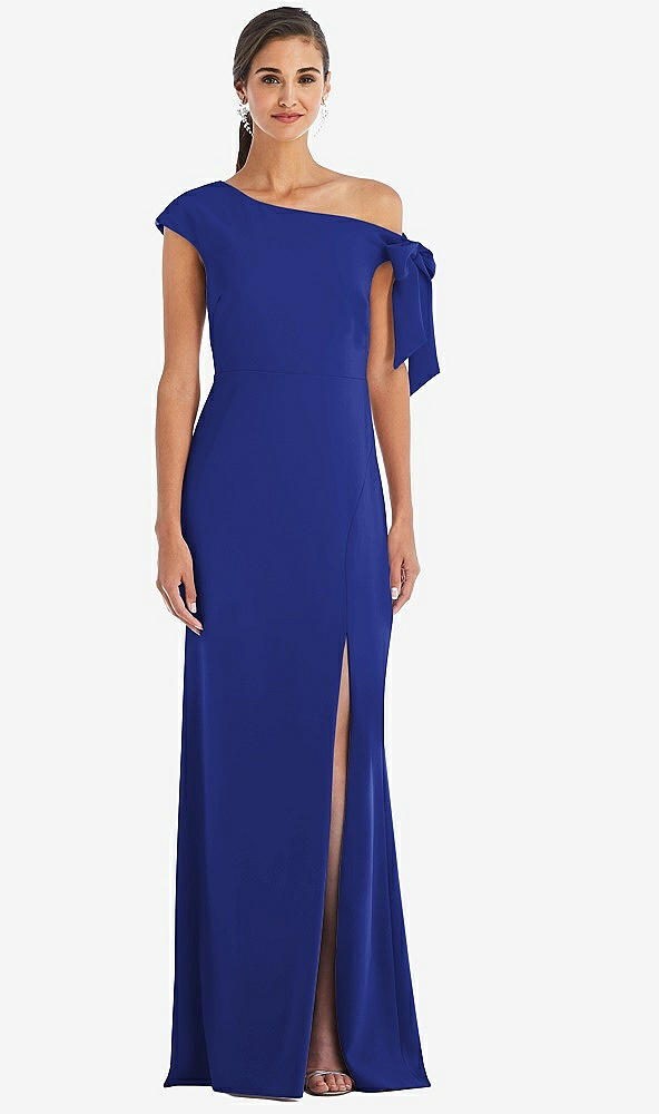 Front View - Cobalt Blue Off-the-Shoulder Tie Detail Trumpet Gown with Front Slit