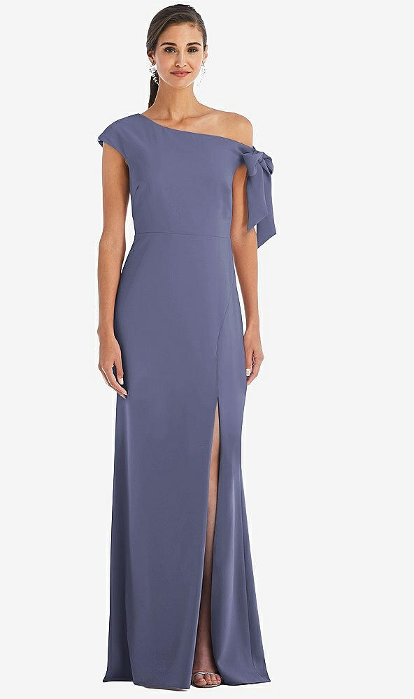 Front View - French Blue Off-the-Shoulder Tie Detail Trumpet Gown with Front Slit