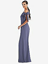 Side View Thumbnail - French Blue Off-the-Shoulder Tie Detail Trumpet Gown with Front Slit