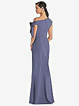 Rear View Thumbnail - French Blue Off-the-Shoulder Tie Detail Trumpet Gown with Front Slit