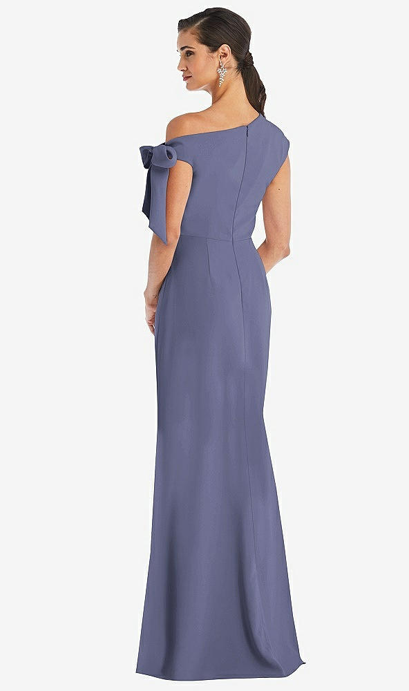 Back View - French Blue Off-the-Shoulder Tie Detail Trumpet Gown with Front Slit