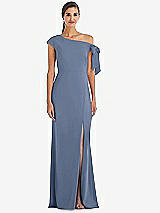 Front View Thumbnail - Larkspur Blue Off-the-Shoulder Tie Detail Trumpet Gown with Front Slit