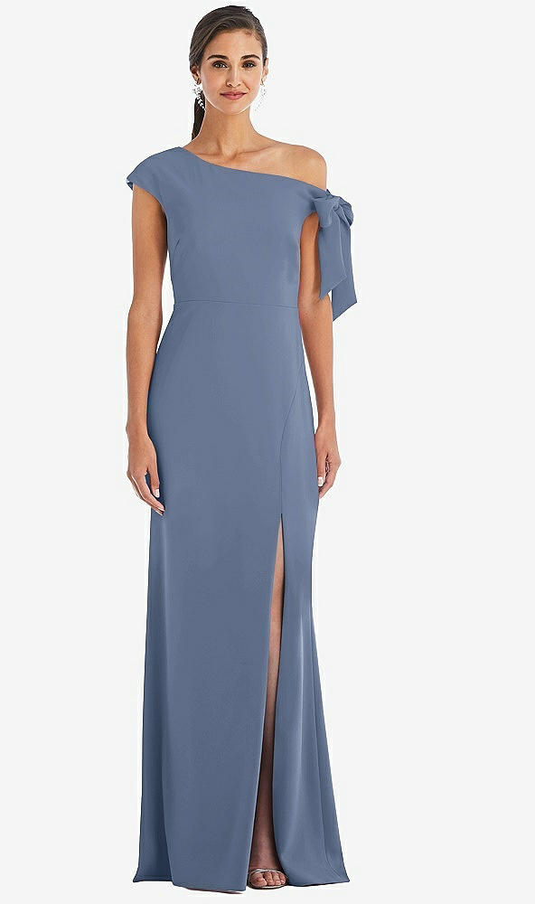 Front View - Larkspur Blue Off-the-Shoulder Tie Detail Trumpet Gown with Front Slit