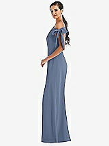 Side View Thumbnail - Larkspur Blue Off-the-Shoulder Tie Detail Trumpet Gown with Front Slit