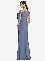 Rear View Thumbnail - Larkspur Blue Off-the-Shoulder Tie Detail Trumpet Gown with Front Slit