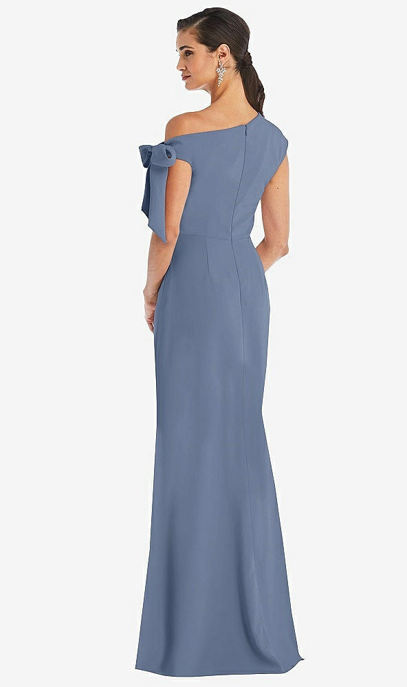 Back View - Larkspur Blue Off-the-Shoulder Tie Detail Trumpet Gown with Front Slit