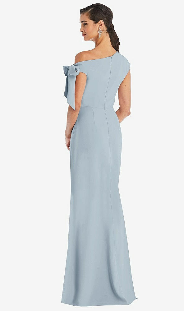 Back View - Mist Off-the-Shoulder Tie Detail Trumpet Gown with Front Slit