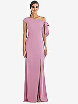 Front View Thumbnail - Powder Pink Off-the-Shoulder Tie Detail Trumpet Gown with Front Slit