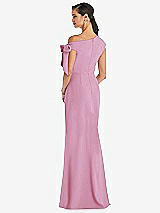 Rear View Thumbnail - Powder Pink Off-the-Shoulder Tie Detail Trumpet Gown with Front Slit