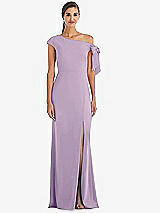 Front View Thumbnail - Pale Purple Off-the-Shoulder Tie Detail Trumpet Gown with Front Slit