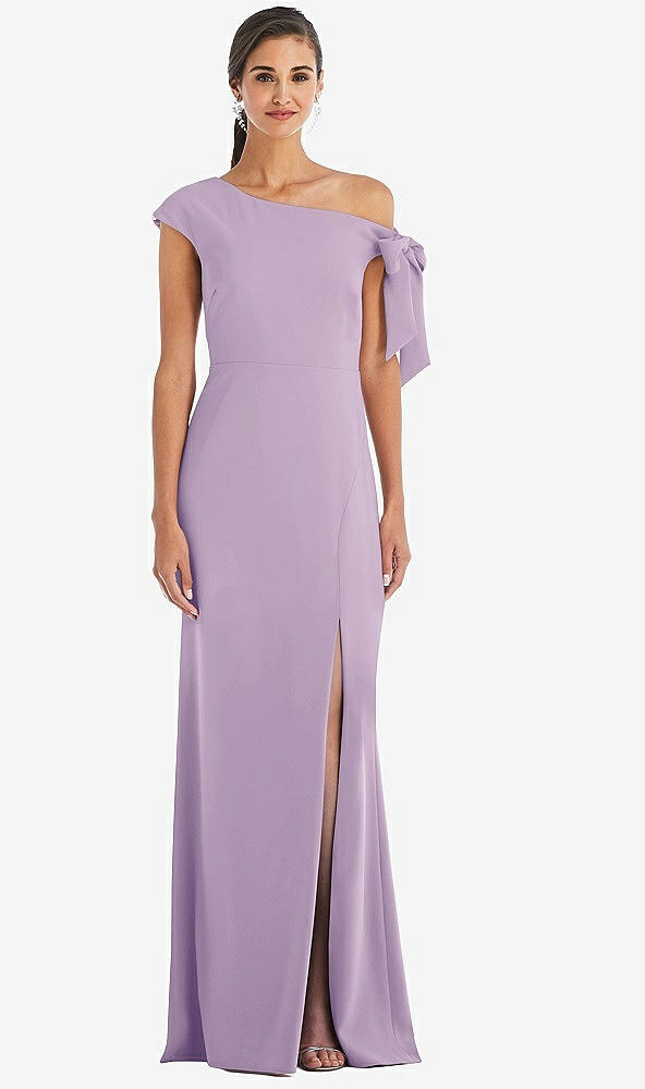 Front View - Pale Purple Off-the-Shoulder Tie Detail Trumpet Gown with Front Slit