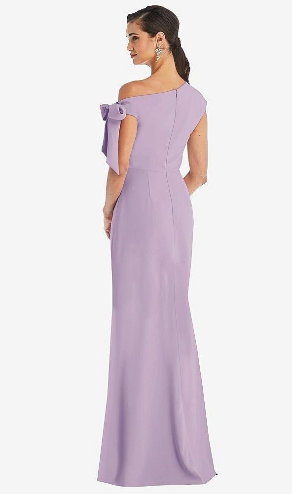 Back View - Pale Purple Off-the-Shoulder Tie Detail Trumpet Gown with Front Slit