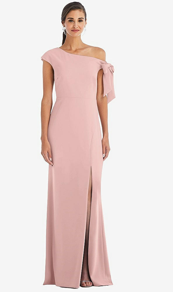 Front View - Rose - PANTONE Rose Quartz Off-the-Shoulder Tie Detail Trumpet Gown with Front Slit