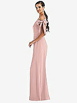 Side View Thumbnail - Rose - PANTONE Rose Quartz Off-the-Shoulder Tie Detail Trumpet Gown with Front Slit