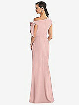 Rear View Thumbnail - Rose - PANTONE Rose Quartz Off-the-Shoulder Tie Detail Trumpet Gown with Front Slit