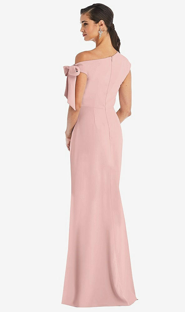 Back View - Rose - PANTONE Rose Quartz Off-the-Shoulder Tie Detail Trumpet Gown with Front Slit