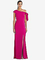 Front View Thumbnail - Think Pink Off-the-Shoulder Tie Detail Trumpet Gown with Front Slit