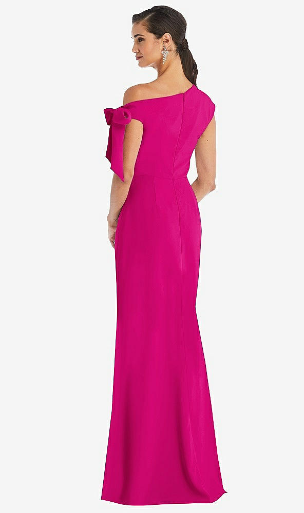 Back View - Think Pink Off-the-Shoulder Tie Detail Trumpet Gown with Front Slit