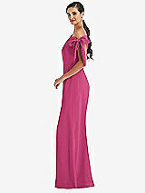 Side View Thumbnail - Tea Rose Off-the-Shoulder Tie Detail Trumpet Gown with Front Slit