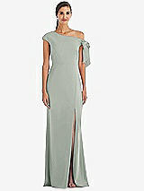 Front View Thumbnail - Willow Green Off-the-Shoulder Tie Detail Trumpet Gown with Front Slit