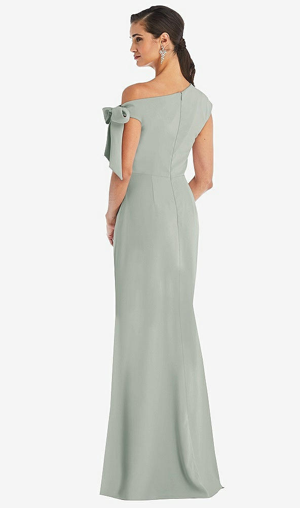 Back View - Willow Green Off-the-Shoulder Tie Detail Trumpet Gown with Front Slit