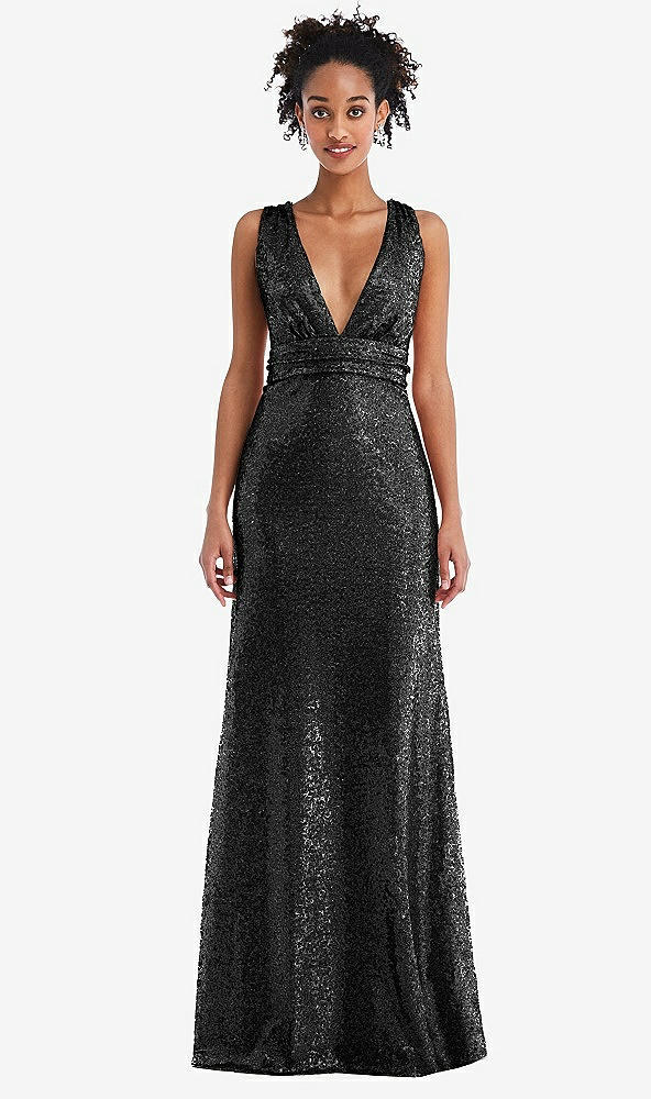 Front View - Black Open-Neck Criss Cross Back Sequin Maxi Dress