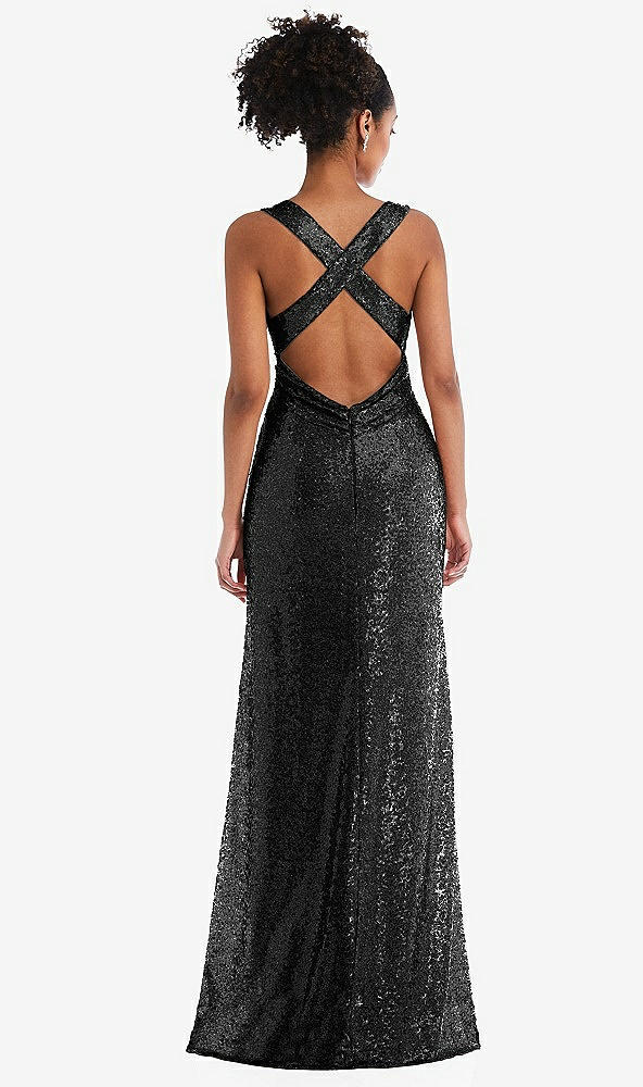 Back View - Black Open-Neck Criss Cross Back Sequin Maxi Dress