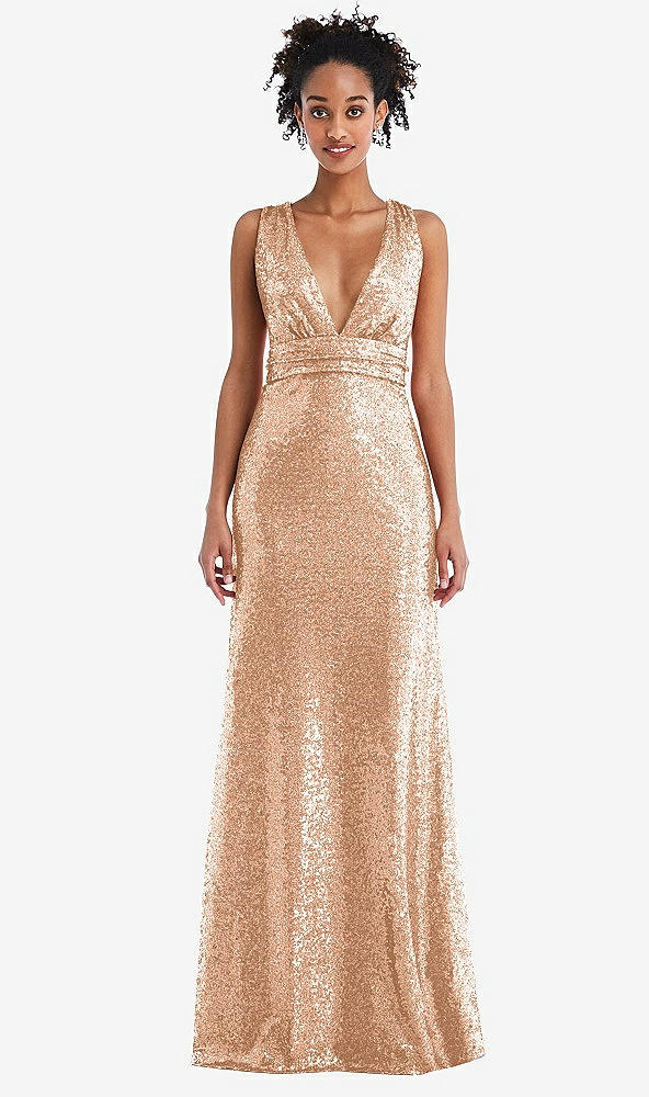 Front View - Copper Rose Open-Neck Criss Cross Back Sequin Maxi Dress