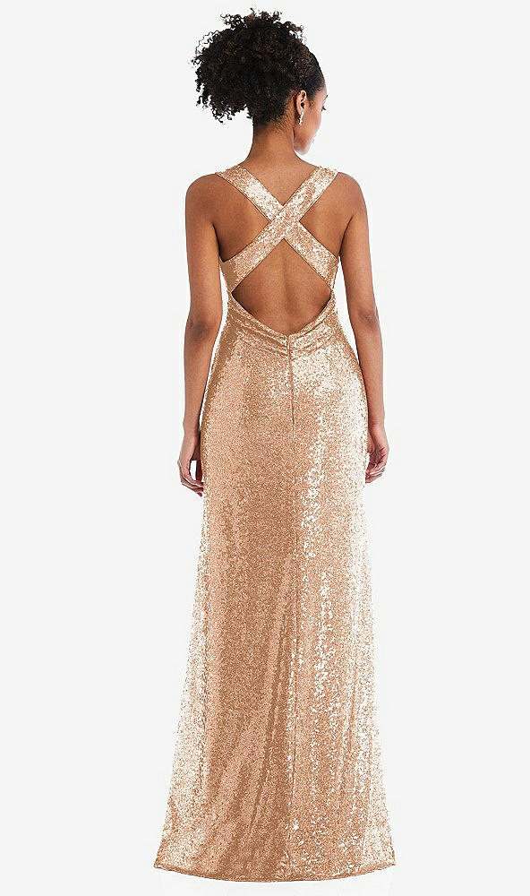 Back View - Copper Rose Open-Neck Criss Cross Back Sequin Maxi Dress