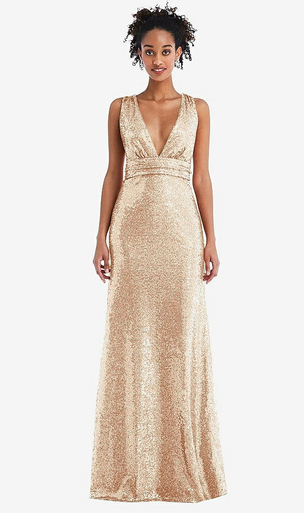 Front View - Rose Gold Open-Neck Criss Cross Back Sequin Maxi Dress