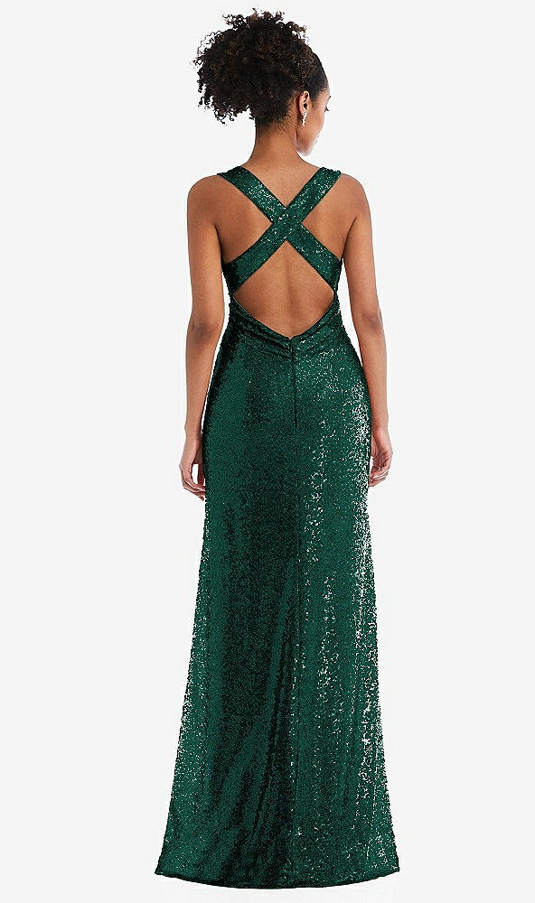 Back View - Hunter Green Open-Neck Criss Cross Back Sequin Maxi Dress