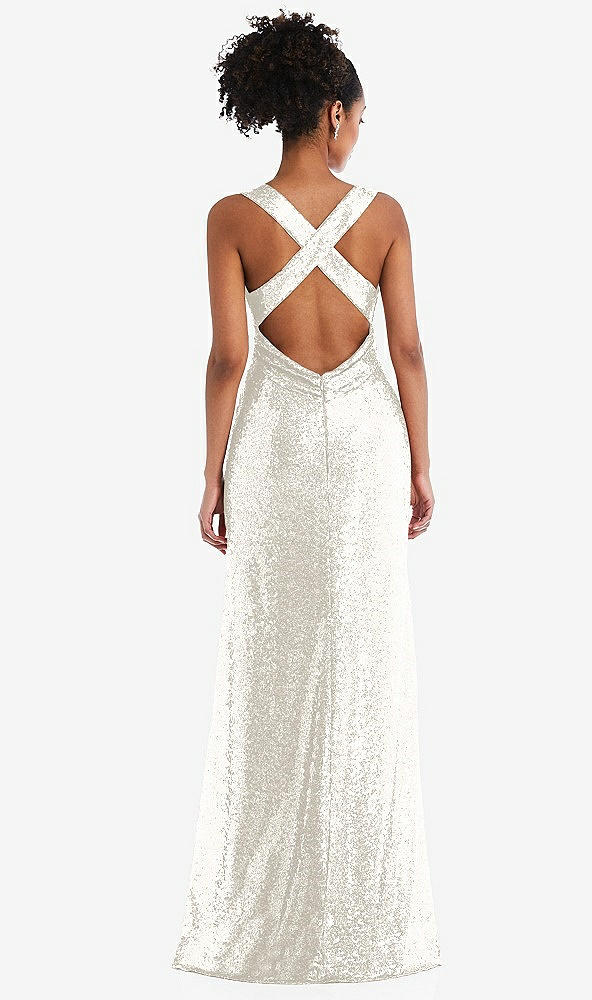 Back View - Ivory Open-Neck Criss Cross Back Sequin Maxi Dress