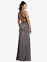 Rear View Thumbnail - Caviar Gray Plunging Neckline Velvet Maxi Dress with Criss Cross Open-Back