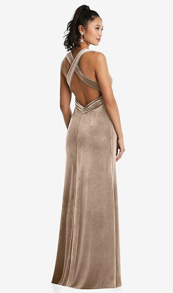 Back View - Topaz Plunging Neckline Velvet Maxi Dress with Criss Cross Open-Back