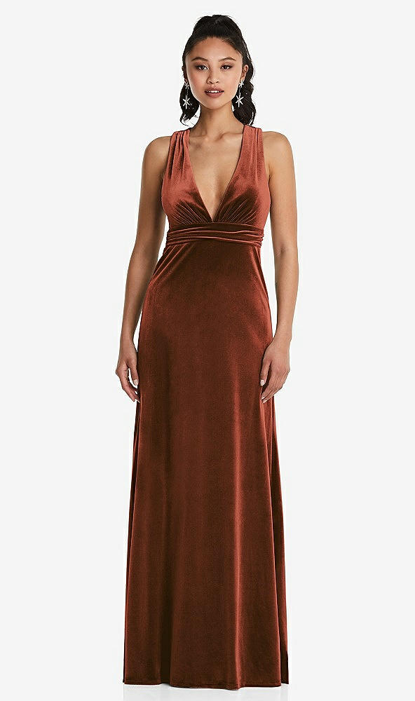 Front View - Auburn Moon Plunging Neckline Velvet Maxi Dress with Criss Cross Open-Back