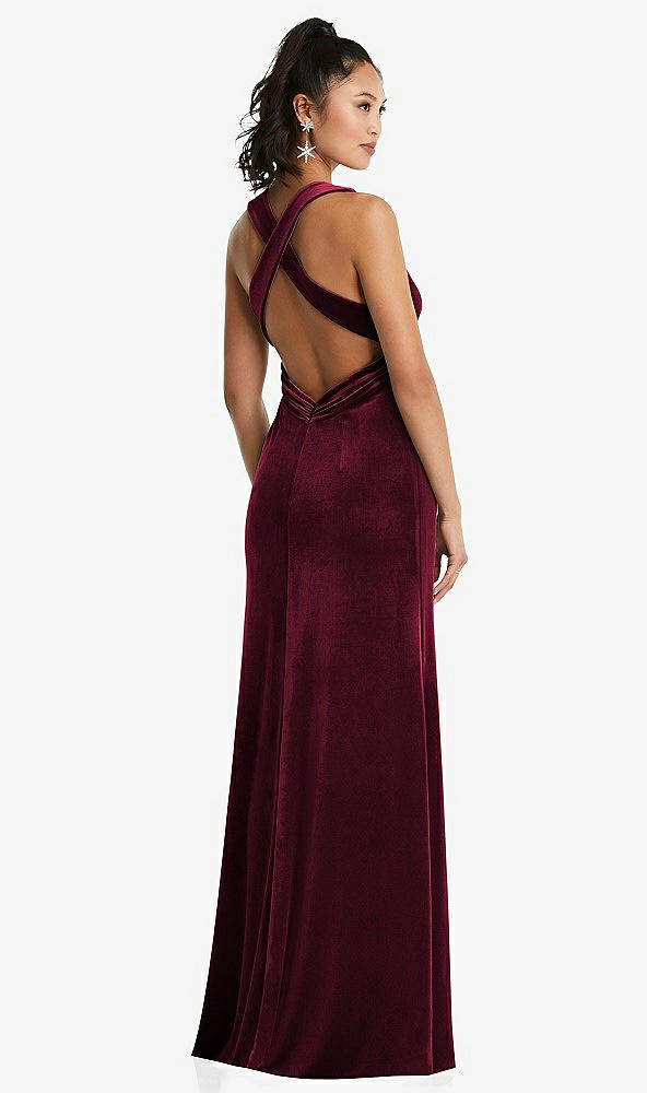 Back View - Cabernet Plunging Neckline Velvet Maxi Dress with Criss Cross Open-Back