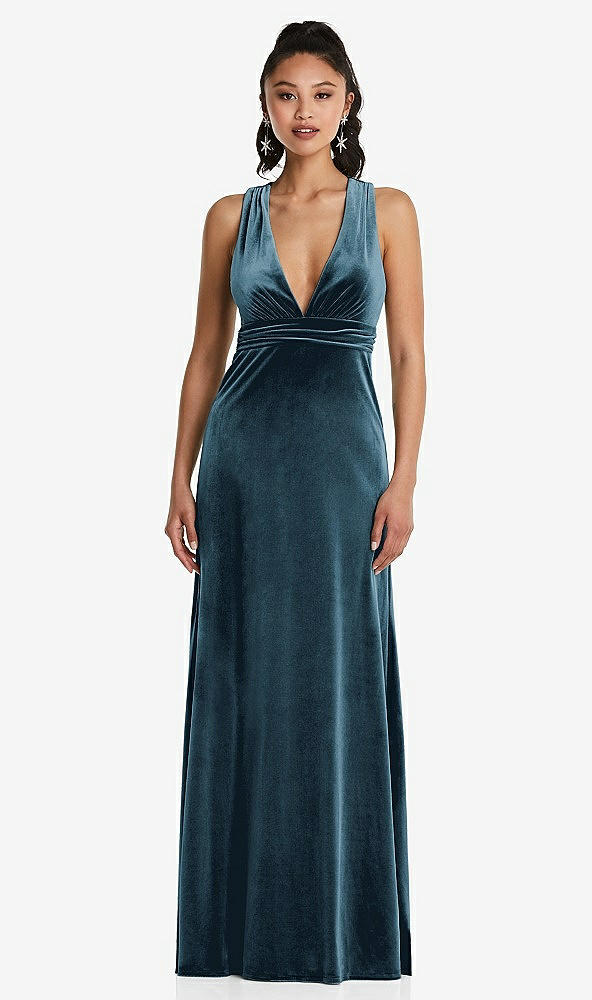 Front View - Dutch Blue Plunging Neckline Velvet Maxi Dress with Criss Cross Open-Back