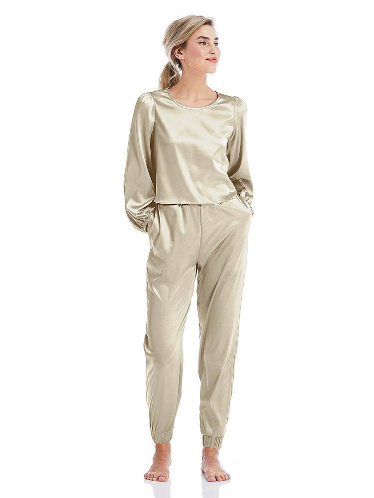 Front View - Champagne Satin Joggers with Pockets - Mica