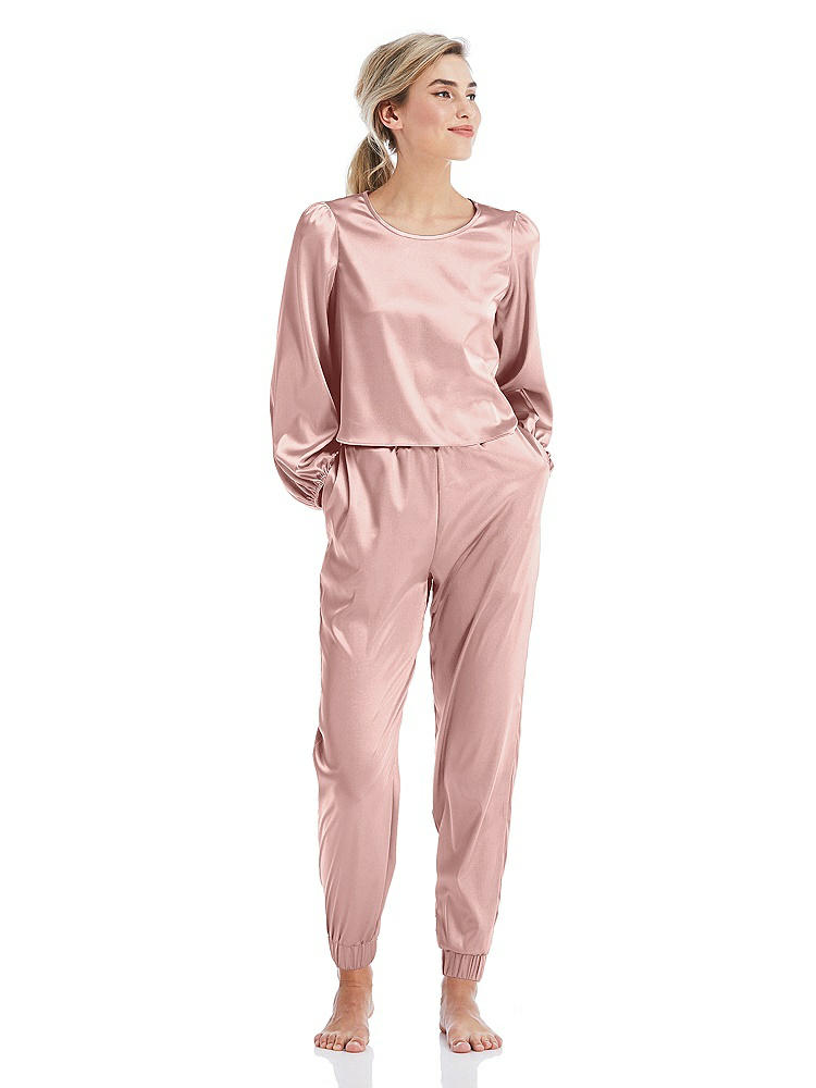 Front View - Rose - PANTONE Rose Quartz Satin Joggers with Pockets - Mica