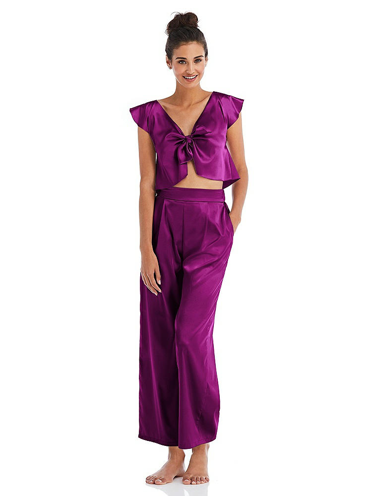 Front View - Persian Plum Satin Ankle Wide-Leg Lounge Pants - Vic