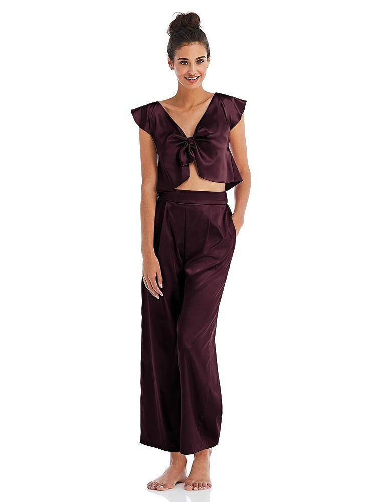 Front View - Bordeaux Satin Ankle Wide-Leg Lounge Pants - Vic